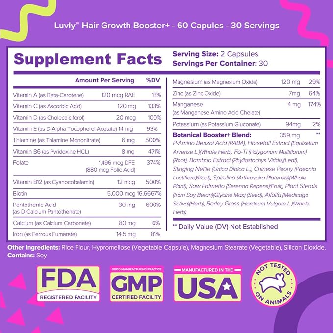 Luvly Hair Growth Booster+ Natural Hair Growth Vitamins for Women with Thinning Hair - Biotin & Vitamin Supplements with Plant Based Complex for Thickening, Longer, Stronger Hair Skin Nails - Non-GMO
