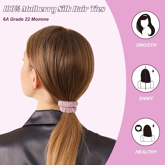 4Pcs 100% Mulberry Silk Scrunchies Hair Care, 22 Momme Mulberry Silk Skinny Hair Ties Elastic, Hair Ties Scrunchies Set Women Curly Thin Hair (Beige,Blonde,Pink,Plum Purple)