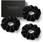 100% Pure 22 Momme Mulberry Silk Scrunchies (Set of 3) | Highest grade (6A) Luxury Hair Ties| (Black,White,Pink) | (Black, Standard)