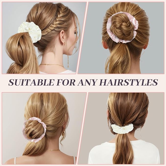 2Pcs Big Rose Printed Satin Scrunchies for Women, Softer Than Silk Scrunchies, Fashion No Crease Hair Ties for Thin Thick Hair,Soft Hair Bands No Damage for Girls, Ideal Gifts for Women (Set 8)