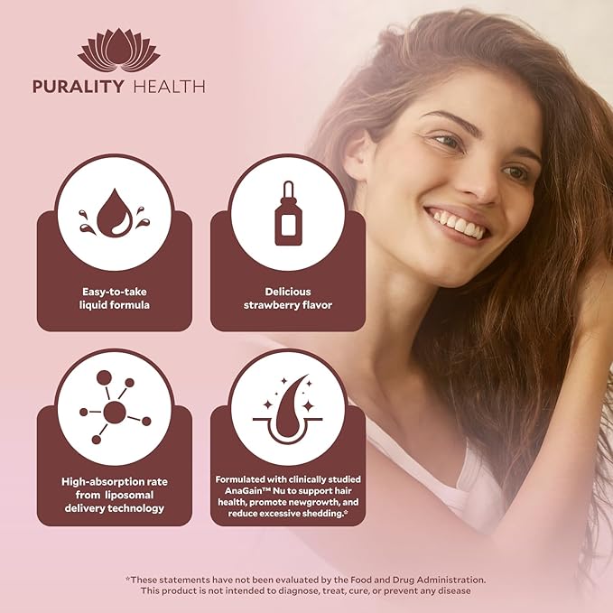 Purality Health Liposomal Hair Renewal, AnaGain Nu & Biotin, Supports Thicker, Fuller Hair, May Reduce Shedding & Promote Regrowth, Highly Absorbable Liquid Formula, Strawberry Flavor, 30 Servings