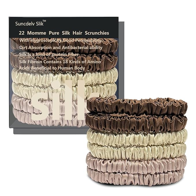Suncdelv Silk,100% Silk Scrunchies for Hair,22 Momme Hair Ties for Anti-Crease & Breakage,Natural Women Hair Accessories，Fashion Hairbands 6PCS(Coffee, Beige, Rose Gold)