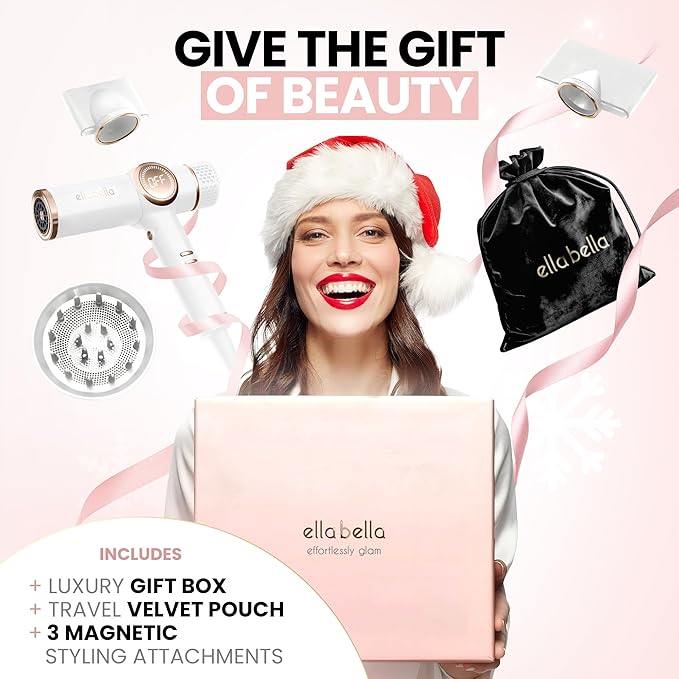 ELLA BELLA® Professional Ionic Hair Dryer with Diffuser • Negative Ion Blow Dryer • Suitable All Hair Types • Intelligent Heat Control & Rapid Drying Speeds • Lightweight Design • Low Noise Technology