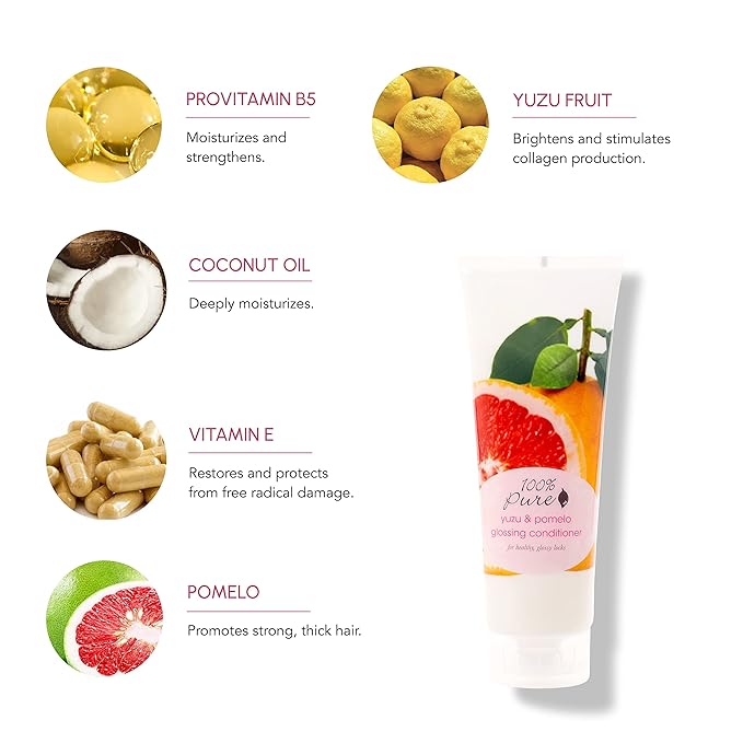 100% PURE Yuzu & Pomelo Glossing Conditioner Revitalizing & Hydrating Nutrient Boost of Kelp Flax Seed Oil & Vitamin E Helps Restore Hair Shine Body & Strength for Women & Men, Vegan - 8 Fl Oz