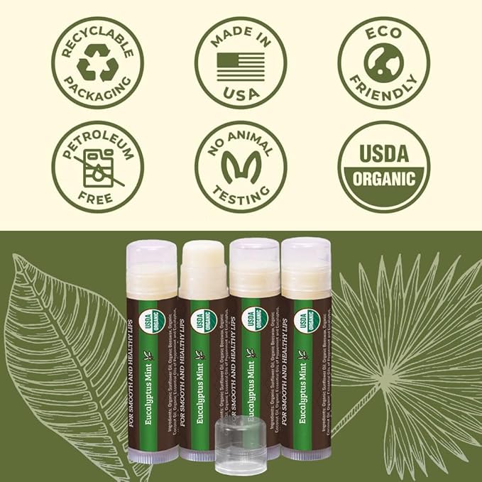 Earth's Daughter USDA Organic Lip Balm Stocking Stuffers 4-Pack Eucalyptus Mint Flavor - Beeswax, Coconut Oil, Vitamin E - Best Lip Repair Chapstick for Dry Cracked Lips.