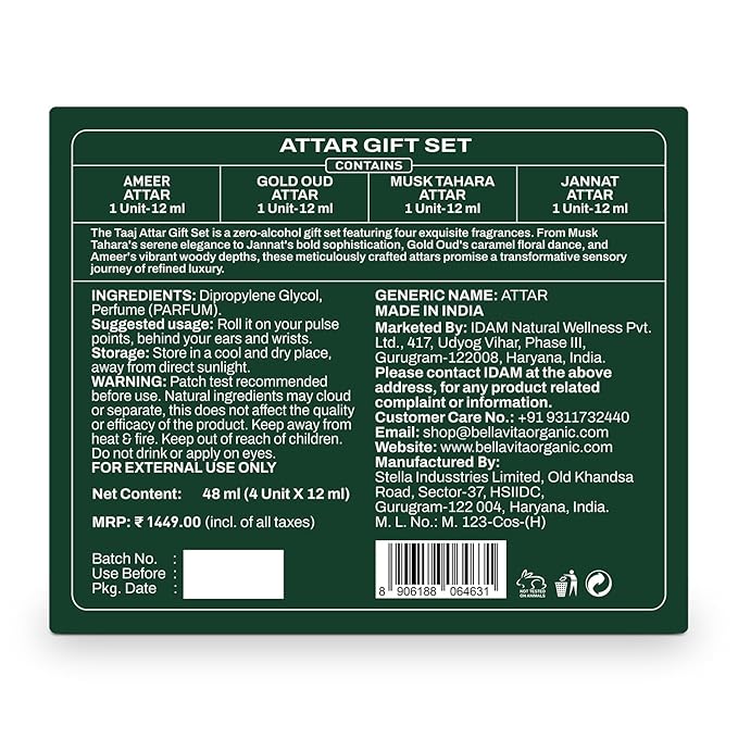 BELLAVITA Luxury Taaj Attar | Long Lasting Unisex Gift Set for Man and Woman 4x12ml | Caramel, Lemon, Cinnamon, and Musk | Non-Alcoholic Roll On | Oud, Floral, Musk | Attar for Men and Women