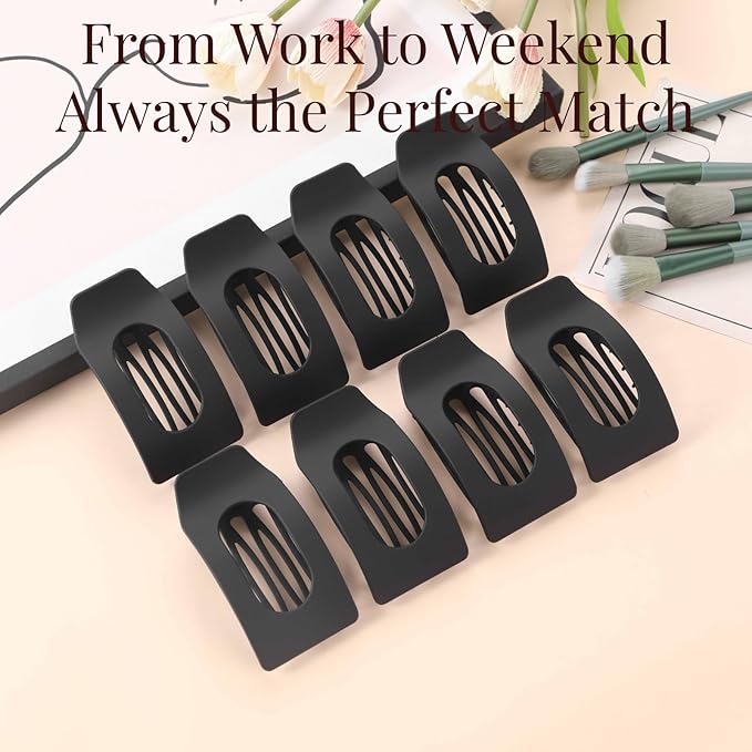 8 Pack Black Flat Hair Clips for Women – Large Matte No-Slip Rectangle Claw Clips for Thick & Thin Hair, Strong Hold Square Hair Accessories for Work & Daily Styling