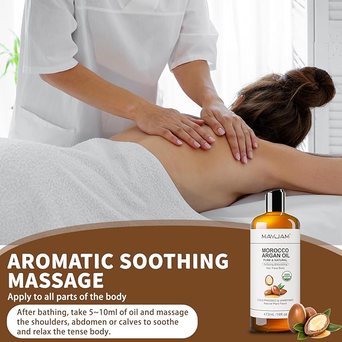 MAYJAM Organic Moroccan Argan Oil 16 Fl Oz, USDA Certified 100% Pure & Natural Carrier Oil For Dry, Damaged Skin, Hair, Face, Body & Scalp Moisturing, Massage Oils for Essential Oils Mixing (473ml)