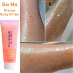Go Ho Orange Face Body Glitter,Sparkle Orange Face Paint Glitter Makeup,Holographic Chunky Sequins Glitters Gel for Eye Lip Hair Nails,Halloween SFX Makeup Accessories,52g
