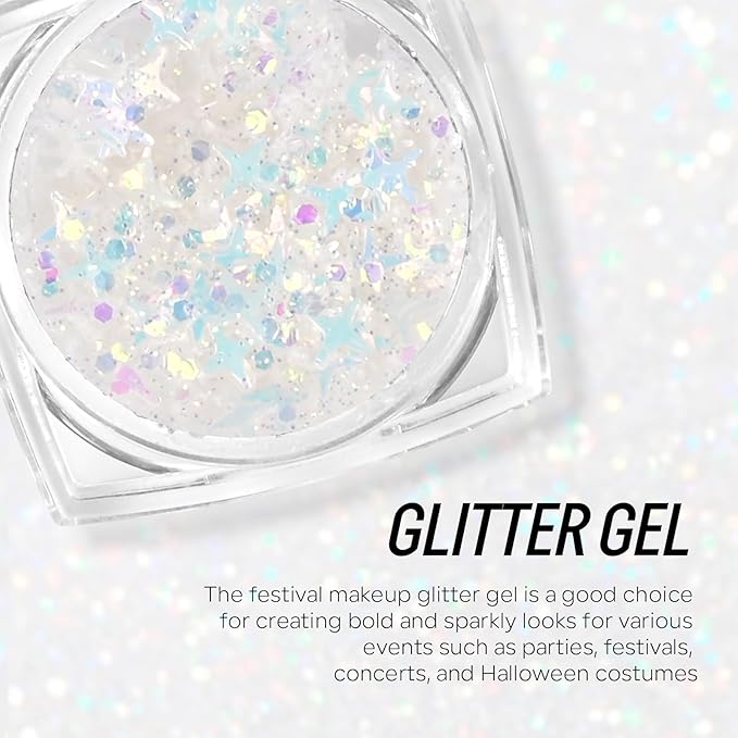 Clear White Face Body Hair Glitter Gel, Party Concerts Face Paint Mermaid Holographic Chunky Festival Rave Accessories Glitter Makeup, 6 Kinds of Sparkling Sequins for Hair Nail Eye Lip Body