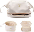 Personalized Gifts, Initial Makeup Bag, Personalized Double Layer Cosmetic Bag with Makeup Brush Organizer, Large Capacity PU Leather Travel Toiletry Bag Bride Gifts, Bridal Party Gifts