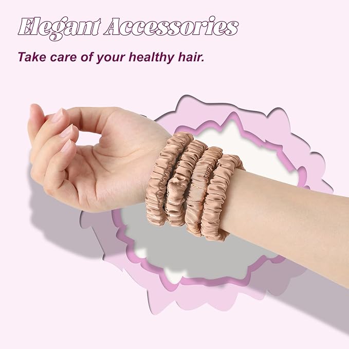 4Pcs 100% Silk Scrunchies Hair Care, Mulberry Silk Skinny Hair Ties Elastic, 22 Momme Mulberry Hair Ties Scrunchies Set Women Curly Thin Hair Champagne