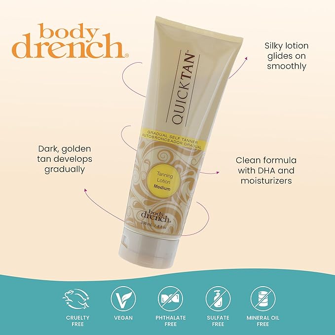 Body Drench Quick Tan Self Tanner Body Lotion – Sunless Tanning Lotion for Women, Natural-Looking Self Tan, Medium, 8 fl oz