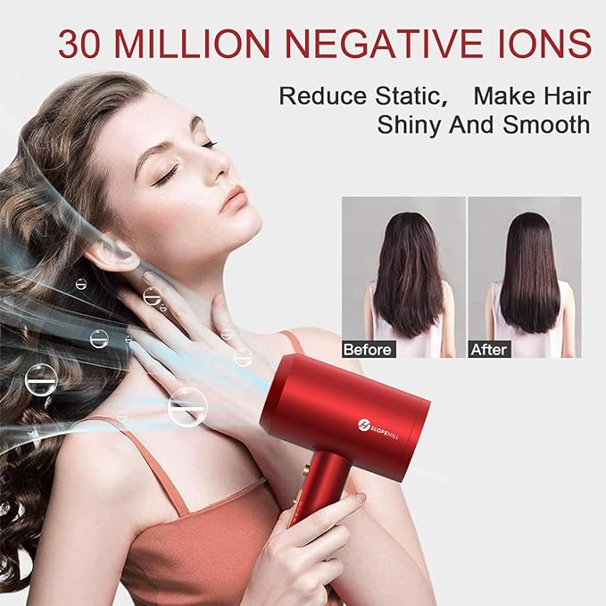 Slopehill Professional Ionic Hair Dryer, Powerful 1800W Fast Drying Low Noise Blow Dryer with 2 Concentrator Nozzle 1 Diffuser Attachments for Home Salon Travel (Agate Red)