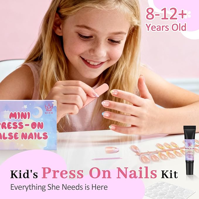 16 Sizes Press on Nails Kit for Kids - 32 Pieces French Almond Fake Nail Tips for Girls 8-12 Years Old with Jelly Nail Adhesives & No-Lamp Nail Glue, Birthday Christmas Gifts (Colorful Flower)