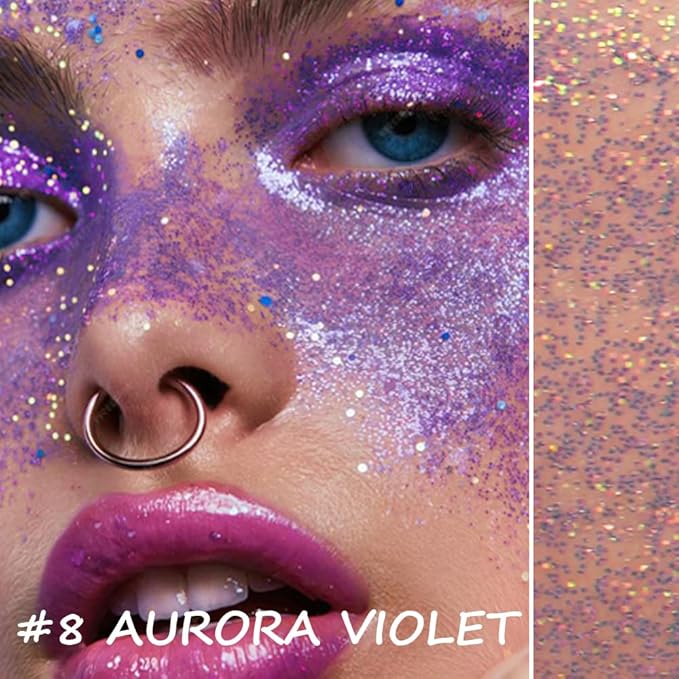 Roll-on Face Body Glitter Gel for Women Kids, Holographic Chameleon Color Glitter Gel Long Lasting Shimmer Makeup for Singer Concerts Music Festival Halloween Rave Accessories (#8 Aurora Violet)
