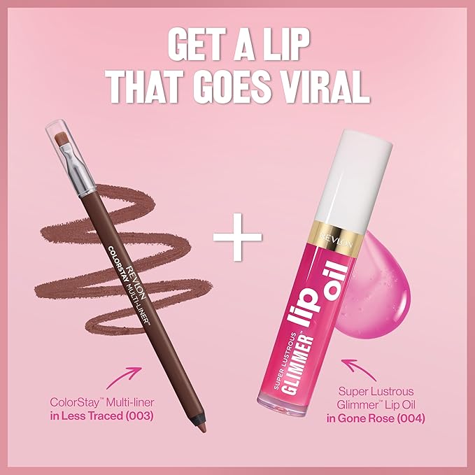 REVLON Super Lustrous Glimmer Lip Oil, Moisturizing & Tinted, Shiny Finish, Made with Plant-Based Squalane, 004 Gone Rose, 0.13 fl oz