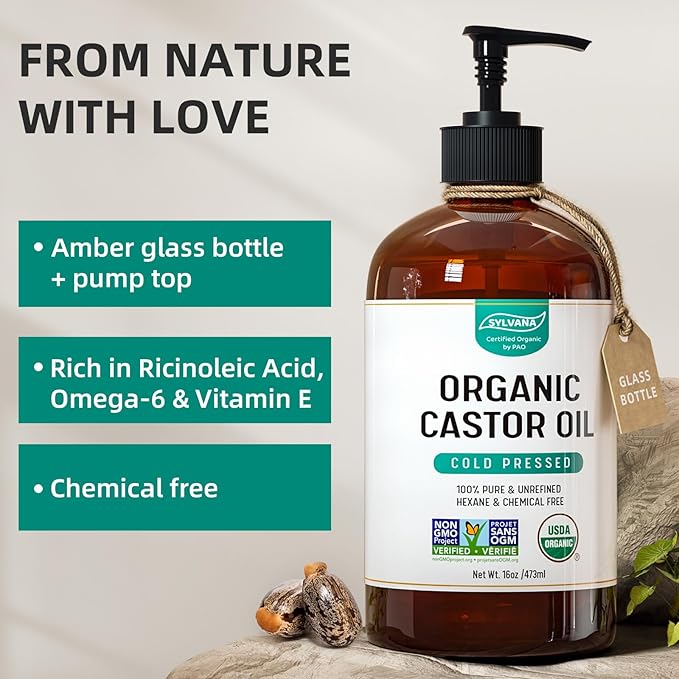 SYLVANA Organic Castor Oil with Pump (16oz Glass Bottle), USDA Certified Organic, Cold Pressed, Hexane Free, Vegan - 100% Pure Castor Oil for Hair Growth, Nourishing Skin, Lashes & Eyebrows