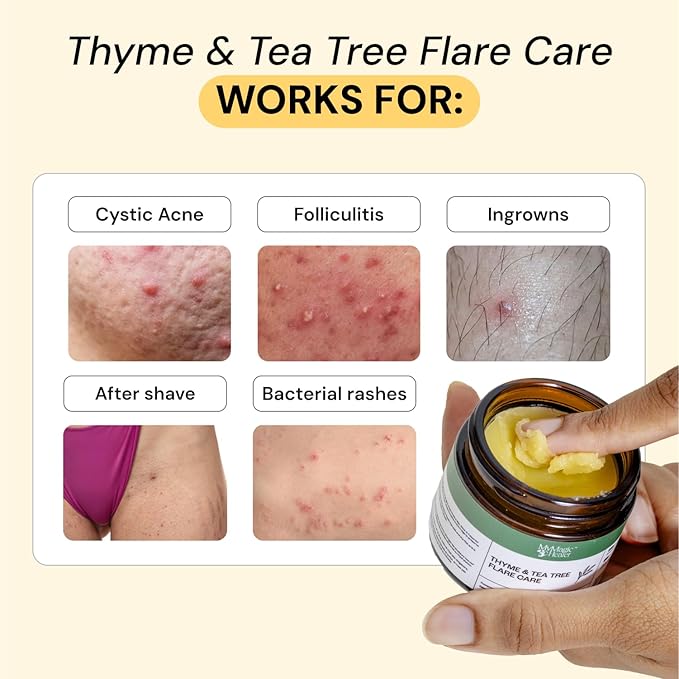 MyMagicHealer Thyme & Tea Tree Flare Care | Ingrown Hair, Razor Bumps, Blind Pimples, Bartholin, Pilonidal Cysts | Folliculitis Cure | Piercing Care w/Egg Yolk Extract & Tea Tree 1 oz