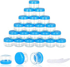 25PCS 5 Gram Sample Containers, 5ml Empty Jars with Lids, Small Cosmetic Containers, Mini Sample Jars with 2PCS Mini Spatulas for Make Up, Oils, Lotion, Powder, Paint, Jewelry, Lip Balms(Blue Lid)