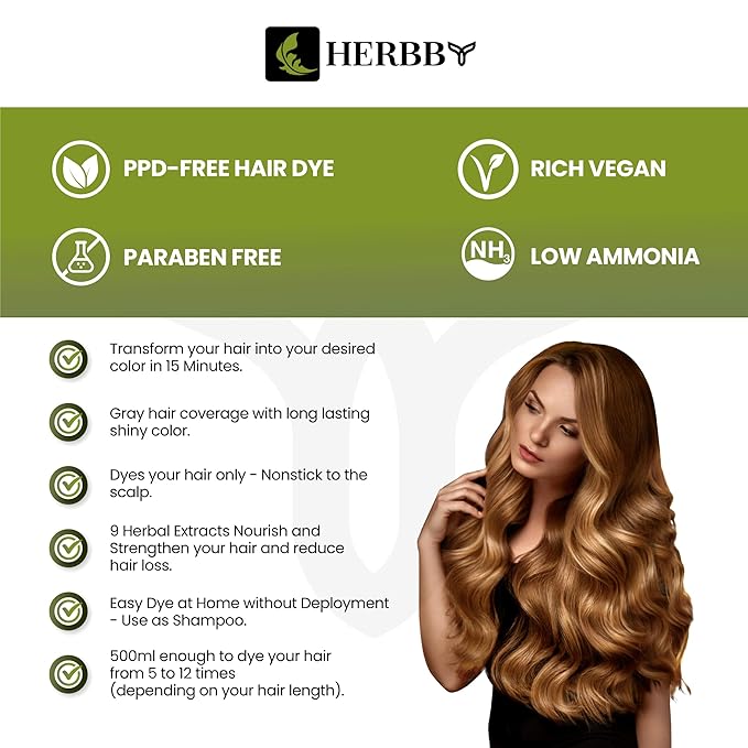 HERBBY Hair Color Shampoo for Gray Hair Coverage&Color Transform with 9 Herbal Extracts –Long Lasting(6-8 Weeks),Shiny,Evenly Colored,Instant Hair Dye Shampoo&Conditioner, 500 Ml (WILD HONEY COLOR)