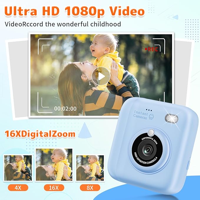 Instant Print Camera for Kids, Christmas Birthday Gifts for Girls Boys, 1080P Instant Digital Print Cameras for Toddler,Portable Toy for 4 5 6 7 8 9 10 Year Old Girl with 32GB SD Card，Light Blue