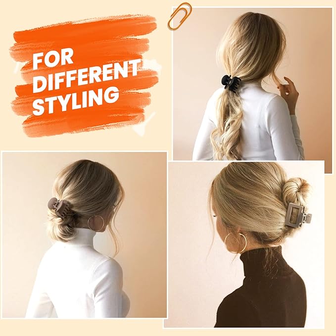 Matte Hair Clips for Women Girls - 2" Rectangle & 1.6" Double Row Teeth Small Jaw Clips, Non-Slip Design for Thin/Fine Hair (White, Khaki, Brown, Black)