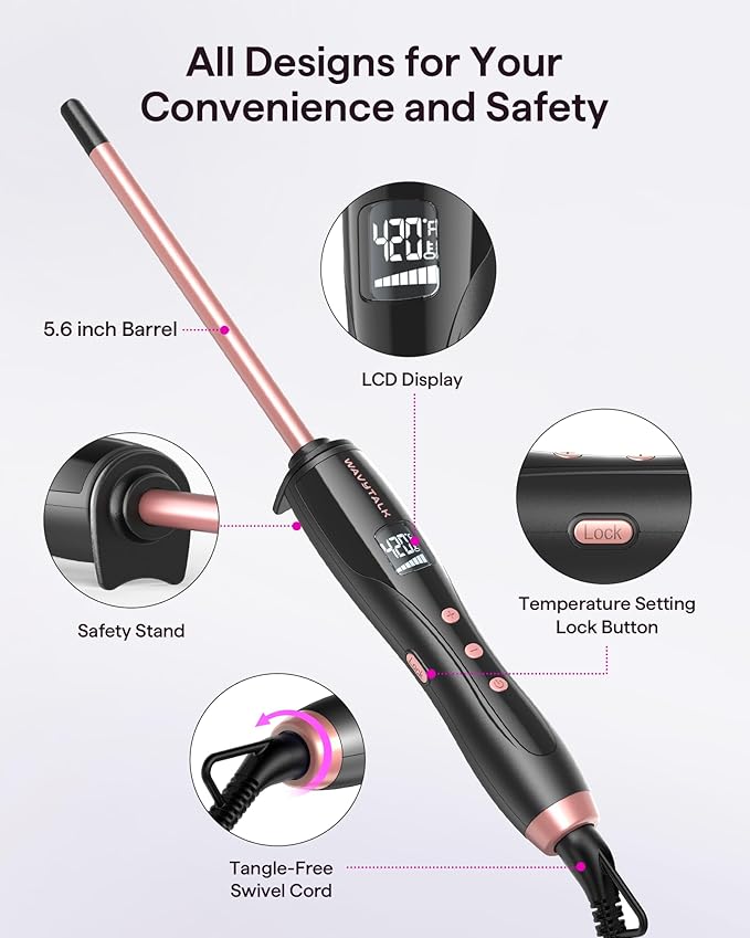 Wavytalk 3/8 Inch Small Curling Iron Wand for Short & Long Hair, Ceramic Barrel with Adjustable Temperature, Heat Resistant Glove Included (Rose Pink)