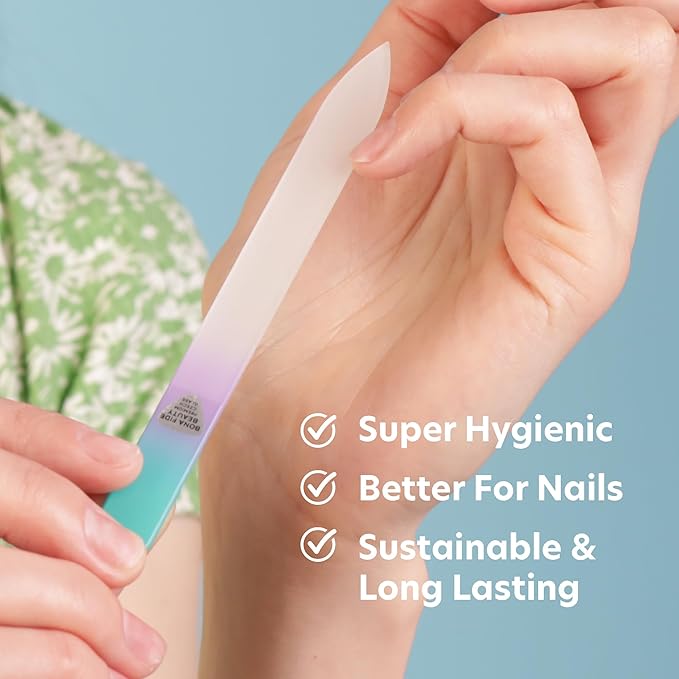 Bona Fide Beauty Czech Glass Nail File with Case, Pastel Green Violet Premium Crystal Nail File for Natural Nails. Nail Care Tool Gifts for Women