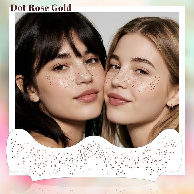 24pcs Glitter Freckles Face Tattoo - Rose Gold Face Sparkle Freckles Temporary Tattoos for Women Girls, Waterproof & Long Lasting Freckles Makeup Patches for Party, Concerts, Daily Accessories