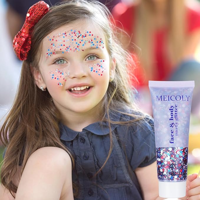 MEICOLY Red White and Blue Body Glitter,4th of July Accessories Hair Glitter for Kids,4th of July Outfits for Women,Fourth of July Patriotic Face Glitter for President's Day Veterans Day
