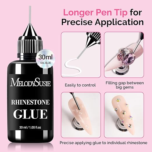 MelodySusie Nail Rhinestone Glue, 3D Gel Nail Art Design Strong Adhesive Nail Gem Glue for Nail Charms Gems Jewelry Decoration DIY Manicured at Home Cured Need Beauty Gifts for Women 30ml