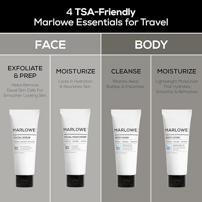 MARLOWE. Travel Essentials Kit, No. 103 Body Wash, No. 002 Body Lotion, No. 122 Facial Scrub & No. 123 Facial Moisturizer, Hydrating, Exfoliating & Nourishing Skin Care Set for All Skin Types
