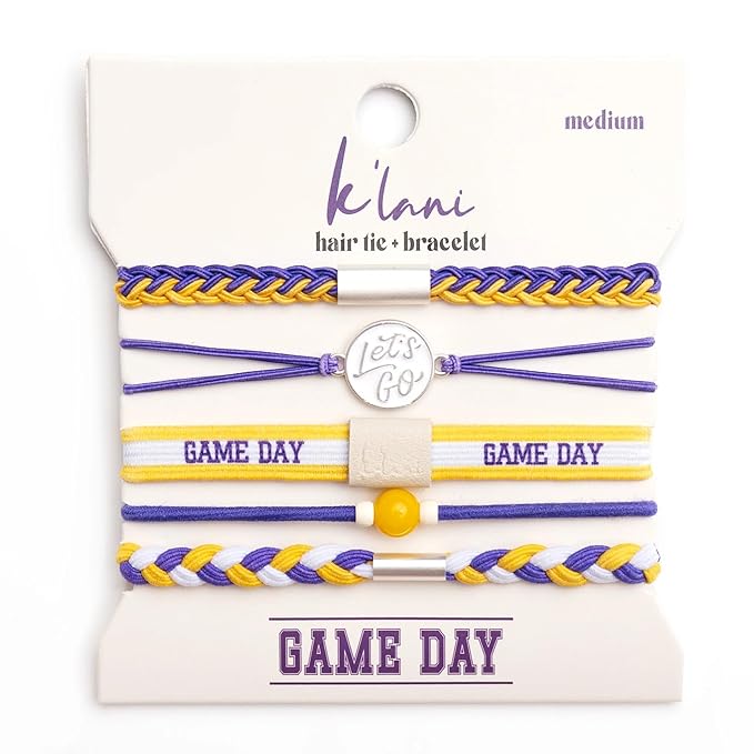 K'lani Game Day Hair Tie Bracelets – 5-Pack Stretchy No-Crease Hair Ties & Stylish Bracelets – Team Color Accessory for Hair or Wrist - Purple & Yellow, Medium