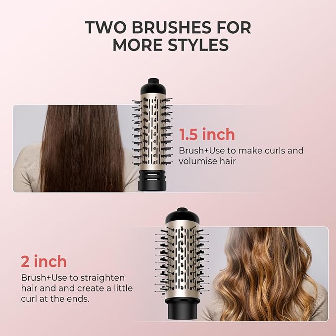 Hair Dryer Brush, 3-in-1 Rotating Round Hot Air Spin Brush Set with 2 Brushes (2" & 1.5"), Negative Ionic Blow Volumizer, 2 Detachable Auto-Rotating Curling Brush 100-120V