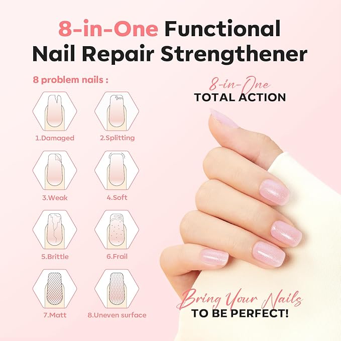 modelones Nail Strengthener Glitter Pink Nail Polish Nail Repair for Damaged Nails Hardener and Growth Polish Nail Care Gifts for Women Nail Strengthening Polish 15ml