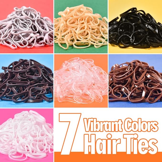 TsMADDTs Small Hair Ties Set, 2000PCS Rubber Bands with Organizer Box, 7 Natural Colors Clear Black Brown, Rat Tail Comb