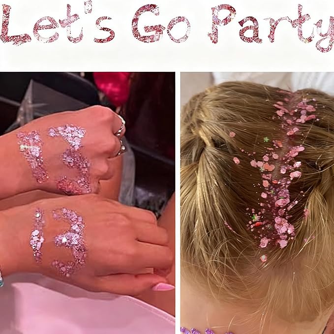 Go Ho Pink Face Body Glitter Gel,Singer Concerts Pink Face Paint Makeup Holographic Chunky Sequins Glitters for Lip/Hair/Nails,Music Disco Outfit for Woman,Festival Rave Accessories,52g