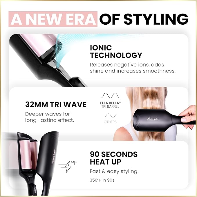 ELLA BELLA® Ultimate Waver Curling Iron • Crimper Hair Tool • Adjustable Heat Settings • Dual Voltage Hair Curler • Anti-Scald Tech • Ionic Ceramic Coating for Long-Lasting, Frizz-Free Beach Waves