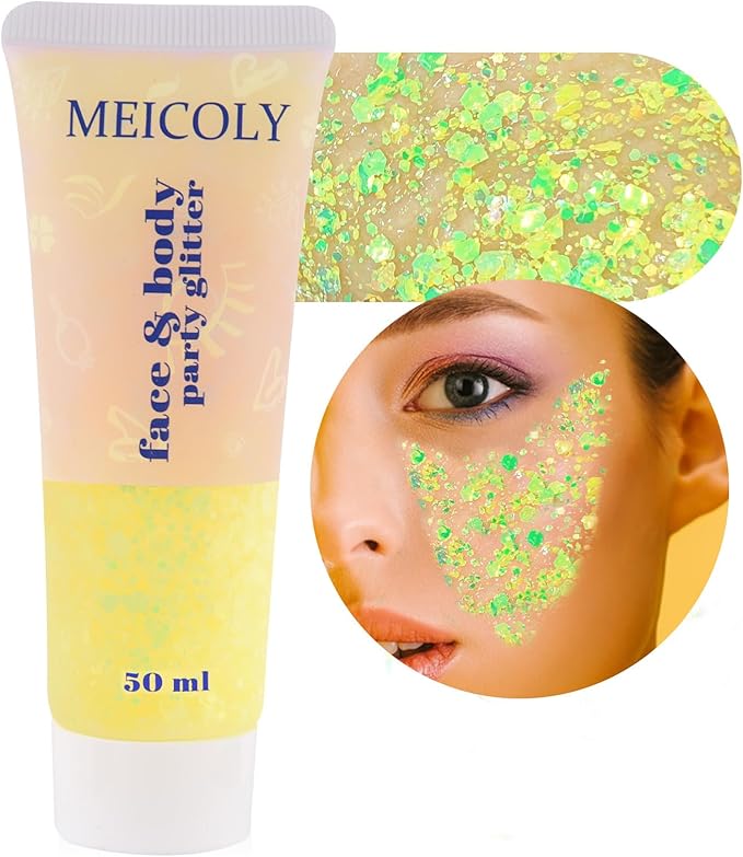MEICOLY Chameleon Yellow Body Glitter,Chunky Yellow Face Glitter for Halloween,Color Changing Mermaid Hair Glitter Face Paint,Festival Party Cheer Glitter,50ml