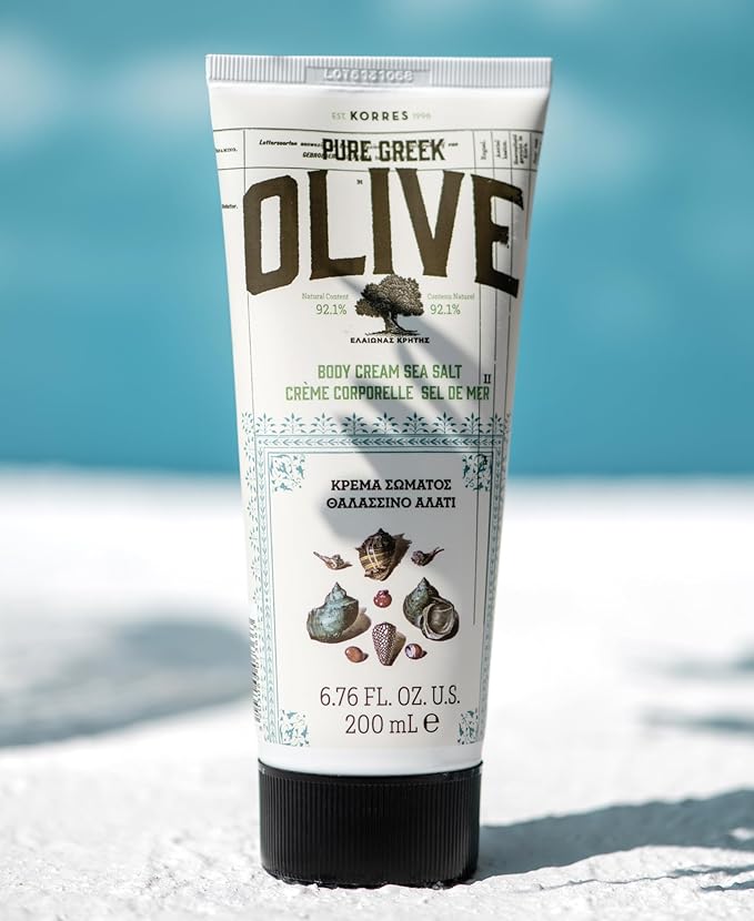 KORRES Olive Body Lotion for Dry Skin, Moisturizer Cream with Vitamin E, Aloe and Pure Greek Olive Oil for Body Care, Hydrating and Nourishing for Smooth, Supple Skin, Sea Salt Scented, 6.76 fl oz
