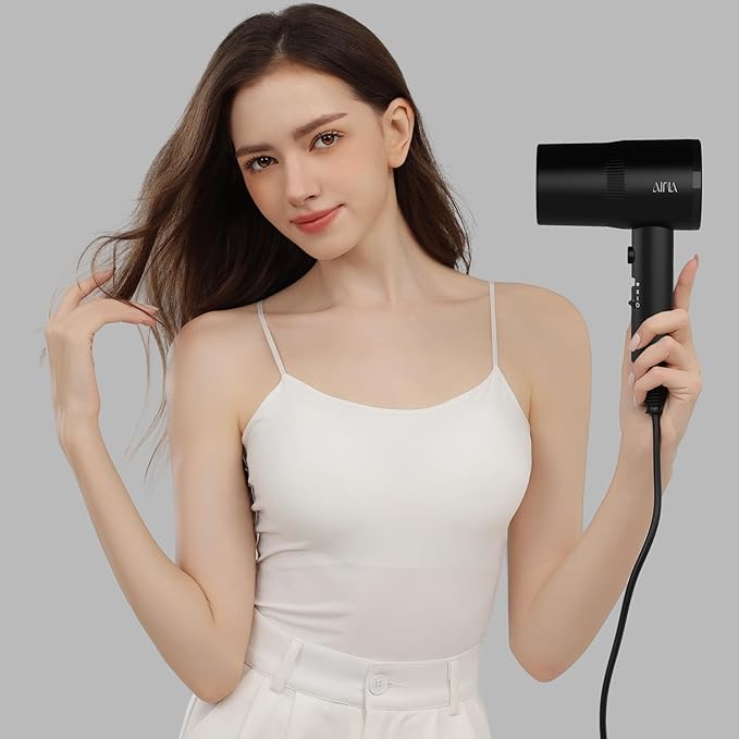 AINA Hair Dryer with Diffuser, Blow Dryer for Women | Advanced Ionic Technology, Ceramic Coating | Cold Shot Features Turbo Heat for Fast Drying and Shine 110V/ALCI (Vader Black)