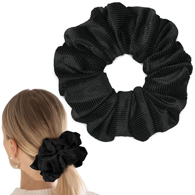 CEELGON Black Big Corduroy Scrunchie 6.5 Inches Jumbo Scrunchies Hair Ties Oversized Ponytail Holder for Thick Curly Hair Extra Large Hair Accessories for Women (Black)