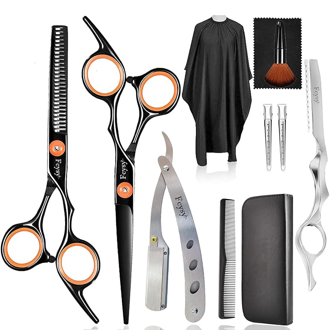 Hair Scissors Thinning Shears for Hair Cutting, Fcysy Professional Barber Blending Shears Kit with Straight Edge Razor Barber Tools, Hairdressing Trimming Scissors for Men Women