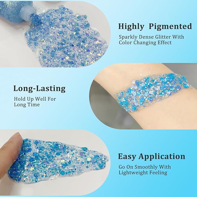 MEICOLY Chameleon Mermaid Blue Body Glitter,Chunky Face Glitter for Halloween,Color Changing Mermaid Glitter Face Paint,Glitter Sequins for Face Body Hair,Festival Party Cheer Glitter Makeup