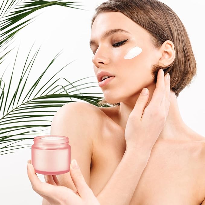 2oz Glass Jars 24 Pack, Hoa Kinh Mini Round Pink Frosted Glass Jars with Inner Liners and Pink Lids, Perfect for Storing Lotions, Powders and Ointments