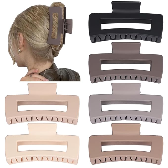 4 Inch Big Hair Claw Clips 6 Pcs Large Claw for Thick Hair Square Hair Clips for Women Rectangle Hair Clips Nonslip Acrylic Banana Jaw Clips Hair Accessories for Girls (Chocolate)