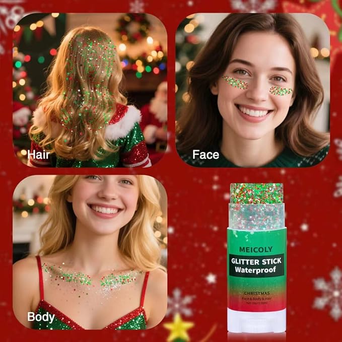 MEICOLY Christmas Face Glitter Stick,Hair Glitter for Women,Waterproof Sparkle Makeup Stocking Stuffers,Red Silver Green Body Glitter for Party Rave Costume Accessories