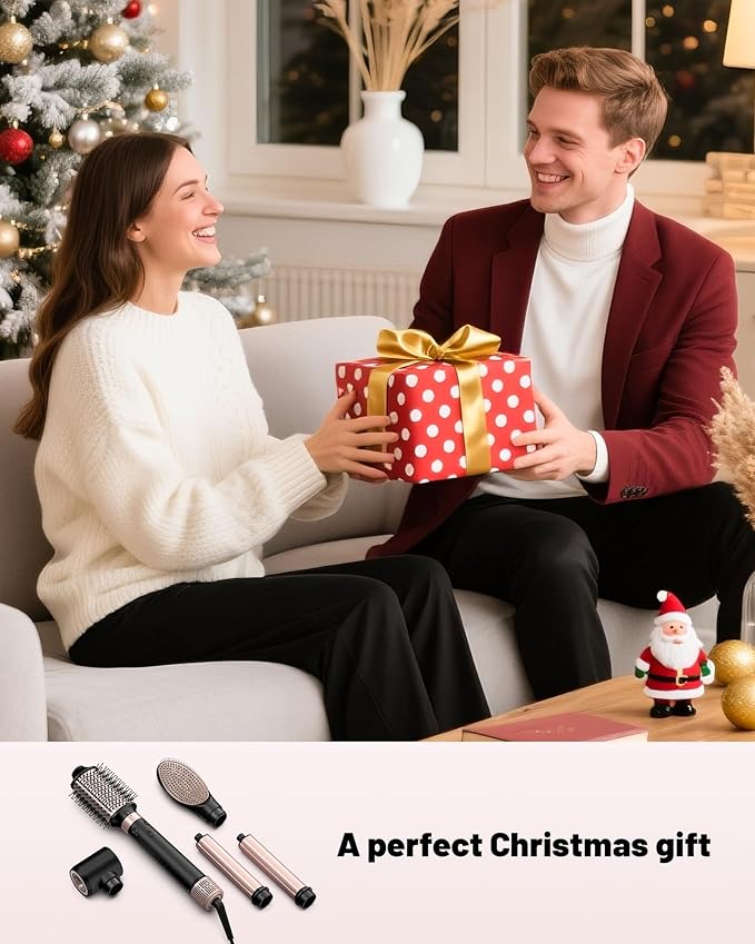 Dual Voltage Hot Air Styler Wrap - 5 in 1 Hair Dryer Brush with Fast Drying Blow Dryer, Styling, Straightening & Volumizing with Travel Bag (100V–240V) Gift for Women (Black + Pink)