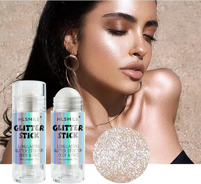 White Body Glitter Stick, Long Lasting Moisturizing Body Glitter for Women, Multi-Use Highlighter Makeup, Sparkling Face Glitter Mermaid Makeup for Kids, Travel Size for Daily, Festival, Party